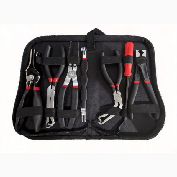 9-piece red and black automotive repair tool set featuring long nose pliers, hose clamp pliers, cutters, and a black anti-slip mechanic glove arranged on a white background.