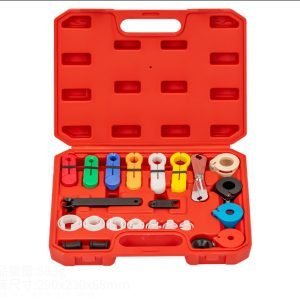 14-piece automotive line disconnect tool set in a red hard carrying case, containing colored plastic quick-release clips, white adapter rings and metal wrenches, used for removing car AC, fuel and coolant line connectors.