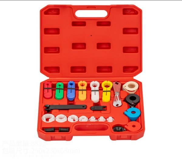 14-piece automotive line disconnect tool set in a red hard carrying case, containing colored plastic quick-release clips, white adapter rings and metal wrenches, used for removing car AC, fuel and coolant line connectors.