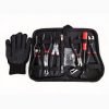 9-piece red and black automotive repair tool set featuring long nose pliers, hose clamp pliers, cutters, and a black anti-slip mechanic glove arranged on a white background.