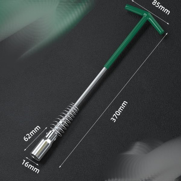 xtra long 370mm T-handle spark plug wrench with green handle and spring guard, displayed diagonally on a dark background.