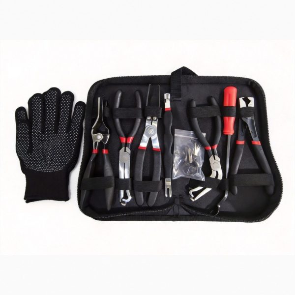 9-piece red and black automotive repair tool set featuring long nose pliers, hose clamp pliers, cutters, and a black anti-slip mechanic glove arranged on a white background.