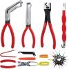 A 7-piece automotive pliers set laid out flat on cardboard, featuring red and black handles and various precision jaws.