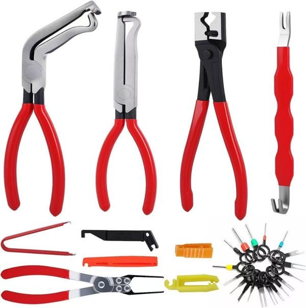 A 7-piece automotive pliers set laid out flat on cardboard, featuring red and black handles and various precision jaws.