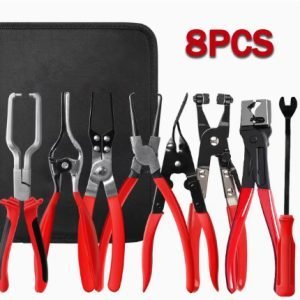 An overhead view of the 11-piece deluxe auto repair kit featuring pure red handle pliers, nylon trim removal tools, and electrical terminal extractors in a zippered case.