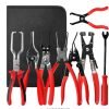 An overhead view of the 11-piece deluxe auto repair kit featuring pure red handle pliers, nylon trim removal tools, and electrical terminal extractors in a zippered case.
