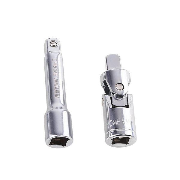 Full layout of the 11-piece chrome vanadium socket set, including flex-head universal joints, deep spark plug sockets, extension bars, and a spark plug extractor tool on a white background.