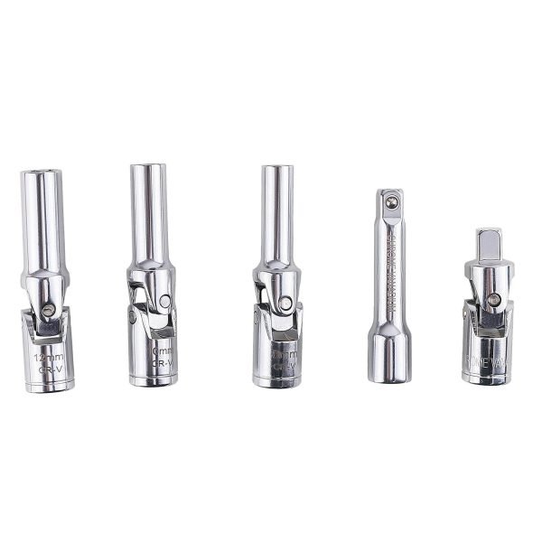 Full layout of the 11-piece chrome vanadium socket set, including flex-head universal joints, deep spark plug sockets, extension bars, and a spark plug extractor tool on a white background.