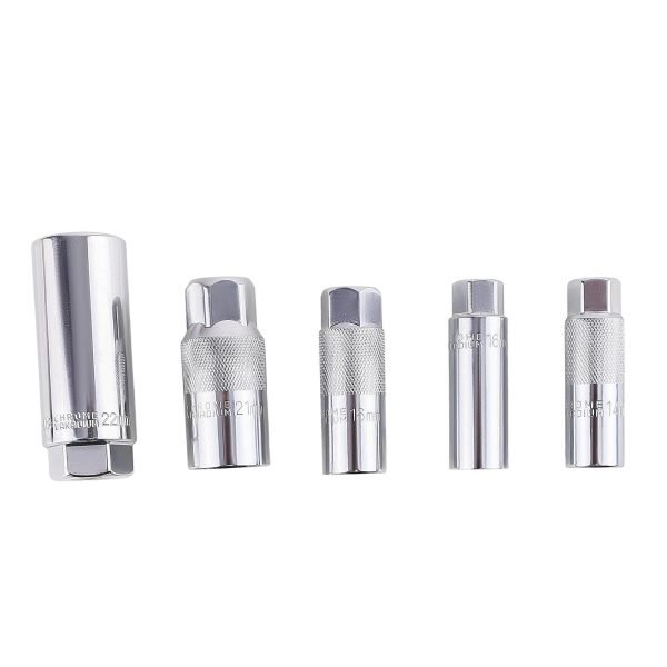 Full layout of the 11-piece chrome vanadium socket set, including flex-head universal joints, deep spark plug sockets, extension bars, and a spark plug extractor tool on a white background.