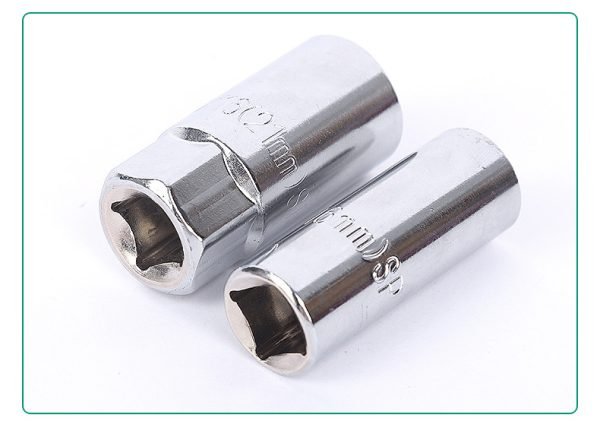 A single 16mm chrome spark plug socket with a 1/2" drive base, displayed against a white background, showcasing its heavy build and mirror polish.