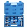 Full layout of the 11-piece chrome vanadium socket set, including flex-head universal joints, deep spark plug sockets, extension bars, and a spark plug extractor tool on a white background.