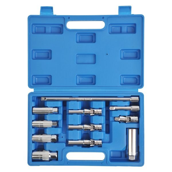 Full layout of the 11-piece chrome vanadium socket set, including flex-head universal joints, deep spark plug sockets, extension bars, and a spark plug extractor tool on a white background.