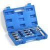 Full layout of the 11-piece chrome vanadium socket set, including flex-head universal joints, deep spark plug sockets, extension bars, and a spark plug extractor tool on a white background.