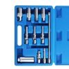 Full layout of the 11-piece chrome vanadium socket set, including flex-head universal joints, deep spark plug sockets, extension bars, and a spark plug extractor tool on a white background.