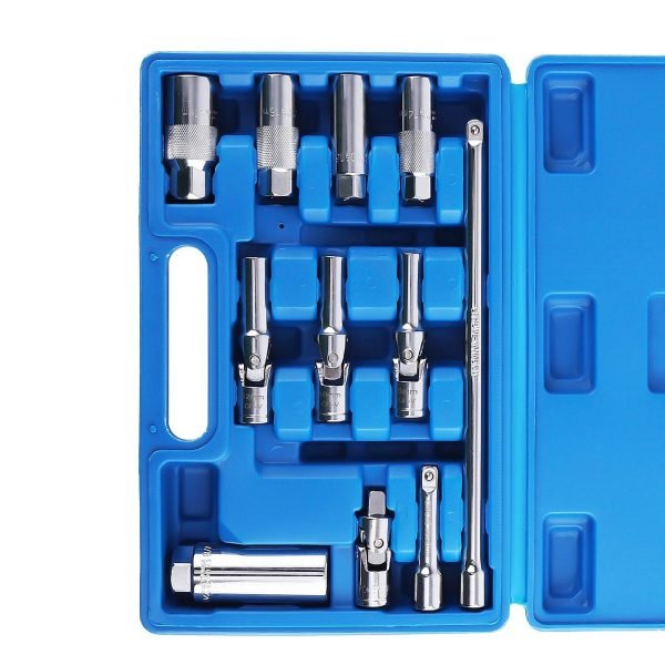 Full layout of the 11-piece chrome vanadium socket set, including flex-head universal joints, deep spark plug sockets, extension bars, and a spark plug extractor tool on a white background.