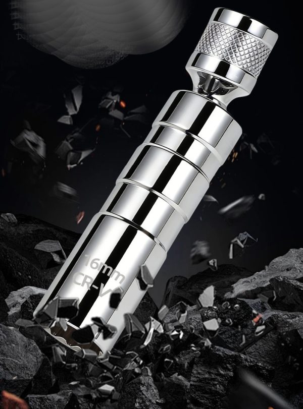 Matte silver 14mm/16mm short spark plug socket with 3/8" drive and strong internal magnet.