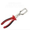 Set of four red and black automotive pliers including fuel line separation pliers, hose clamp pliers, urea line pliers and vise grip style hose clamp pliers used for car fuel and coolant line repair.