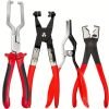 Set of four red and black automotive pliers including fuel line separation pliers, hose clamp pliers, urea line pliers and vise grip style hose clamp pliers used for car fuel and coolant line repair.