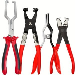 Set of four red and black automotive pliers including fuel line separation pliers, hose clamp pliers, urea line pliers and vise grip style hose clamp pliers used for car fuel and coolant line repair.