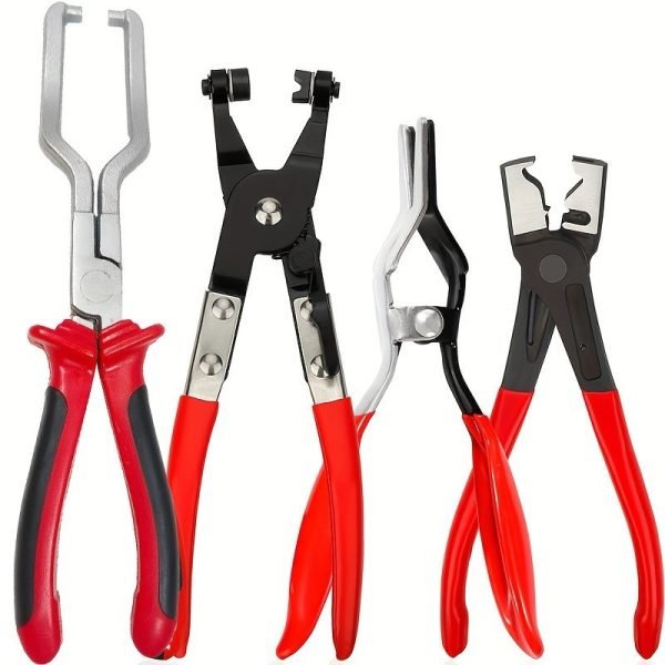 Set of four red and black automotive pliers including fuel line separation pliers, hose clamp pliers, urea line pliers and vise grip style hose clamp pliers used for car fuel and coolant line repair.
