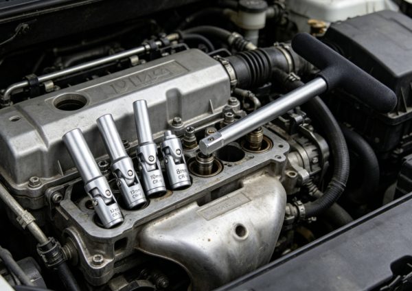 Full layout of the 11-piece chrome vanadium socket set, including flex-head universal joints, deep spark plug sockets, extension bars, and a spark plug extractor tool on a white background.