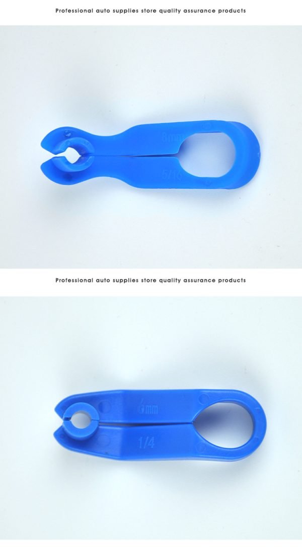 Set of 7 blue plastic fuel line disconnect tools in various sizes ranging from 1/4 inch to 7/8 inch, used for removing automotive quick release connectors and AC lines.