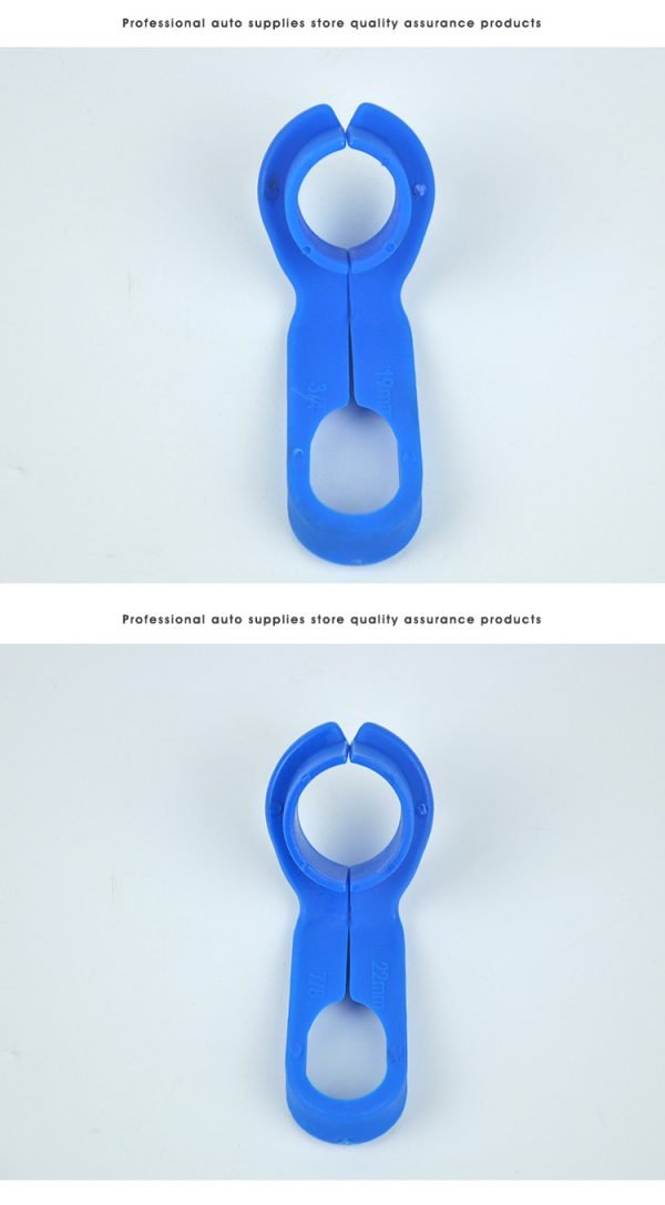 Set of 7 blue plastic fuel line disconnect tools in various sizes ranging from 1/4 inch to 7/8 inch, used for removing automotive quick release connectors and AC lines.