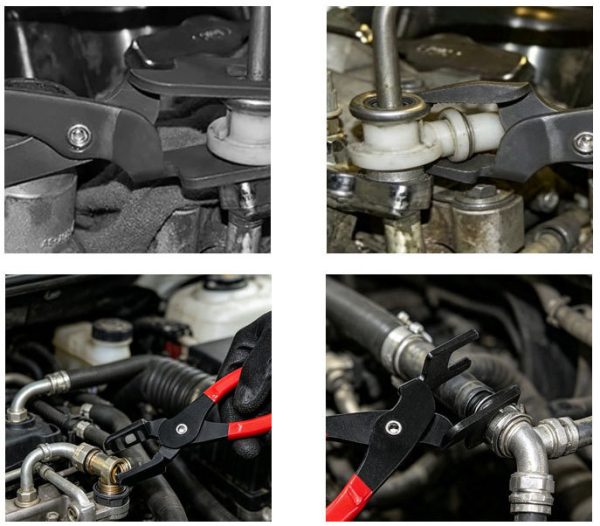 Usage scenarios of fuel line disconnect pliers on engine fuel pipes and AC lines.