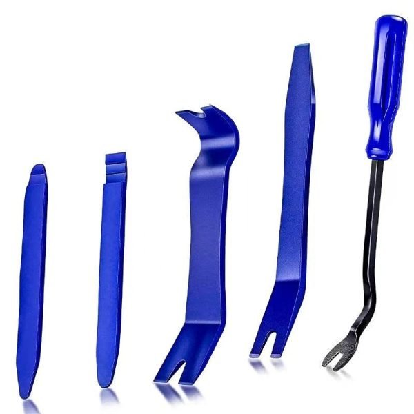5PCS classic blue nylon trim removal tools laid out on a white background.