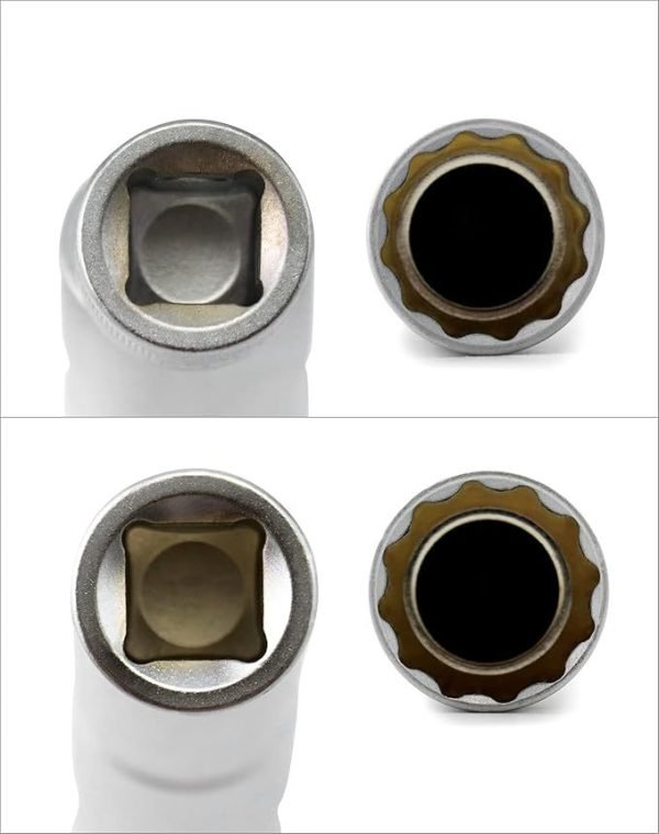Two black swivel spark plug sockets side by side, 14mm and 16mm CR-V steel with 3/8 inch drive.