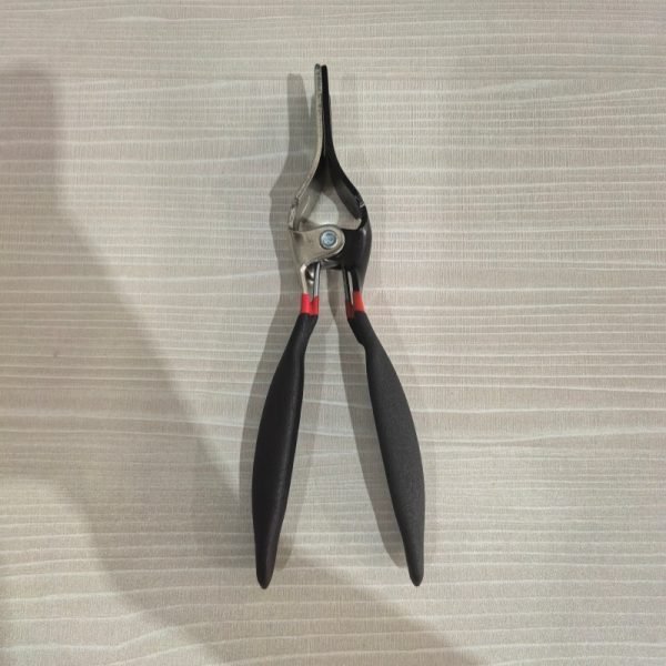 9-piece red and black automotive repair tool set featuring long nose pliers, hose clamp pliers, cutters, and a black anti-slip mechanic glove arranged on a white background.