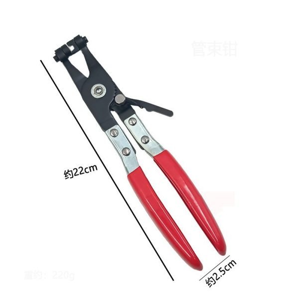 Set of four red and black automotive pliers including fuel line separation pliers, hose clamp pliers, urea line pliers and vise grip style hose clamp pliers used for car fuel and coolant line repair.