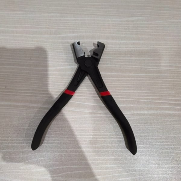 9-piece red and black automotive repair tool set featuring long nose pliers, hose clamp pliers, cutters, and a black anti-slip mechanic glove arranged on a white background.