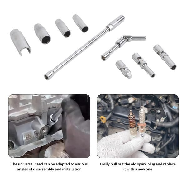 Full layout of the 11-piece chrome vanadium socket set, including flex-head universal joints, deep spark plug sockets, extension bars, and a spark plug extractor tool on a white background.