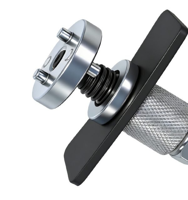 High-angle studio shot of the complete 5-piece industrial grade brake caliper wind-back tool set against a clean background.