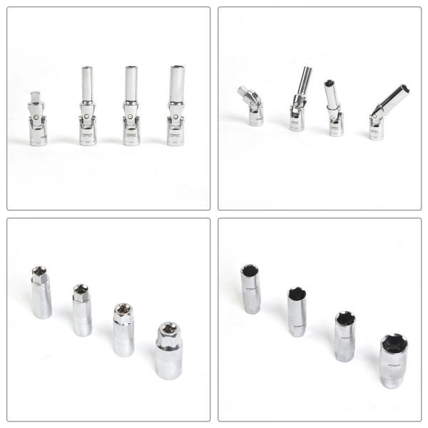 Full layout of the 11-piece chrome vanadium socket set, including flex-head universal joints, deep spark plug sockets, extension bars, and a spark plug extractor tool on a white background.