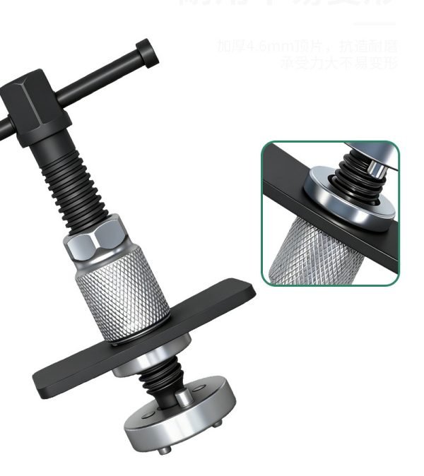 High-angle studio shot of the complete 5-piece industrial grade brake caliper wind-back tool set against a clean background.