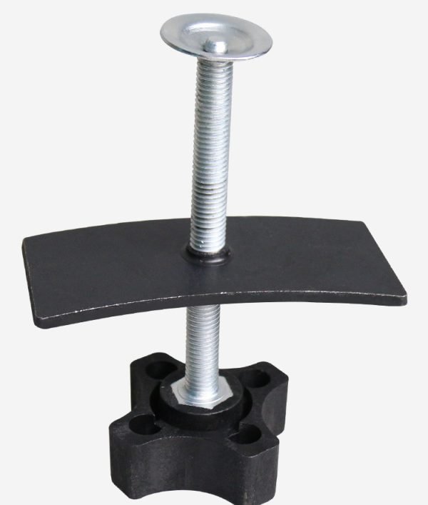 Full view of the black and silver brake caliper press tool showing the cross-handle and curved pressure plate.