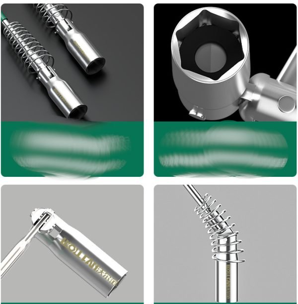 T-handle spark plug wrench with green handle and silver spring guard, displayed diagonally on a dark background.