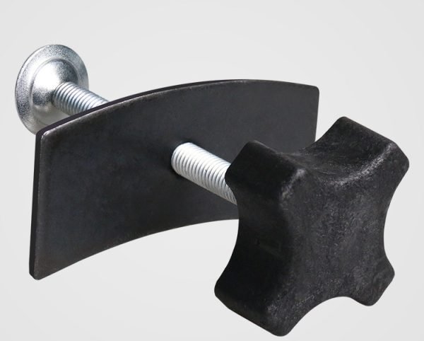 Full view of the black and silver brake caliper press tool showing the cross-handle and curved pressure plate.