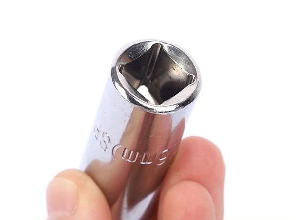 A single 16mm chrome spark plug socket with a 1/2" drive base, displayed against a white background, showcasing its heavy build and mirror polish.