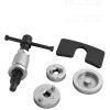 High-angle studio shot of the complete 5-piece industrial grade brake caliper wind-back tool set against a clean background.
