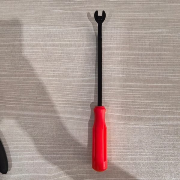 9-piece red and black automotive repair tool set featuring long nose pliers, hose clamp pliers, cutters, and a black anti-slip mechanic glove arranged on a white background.