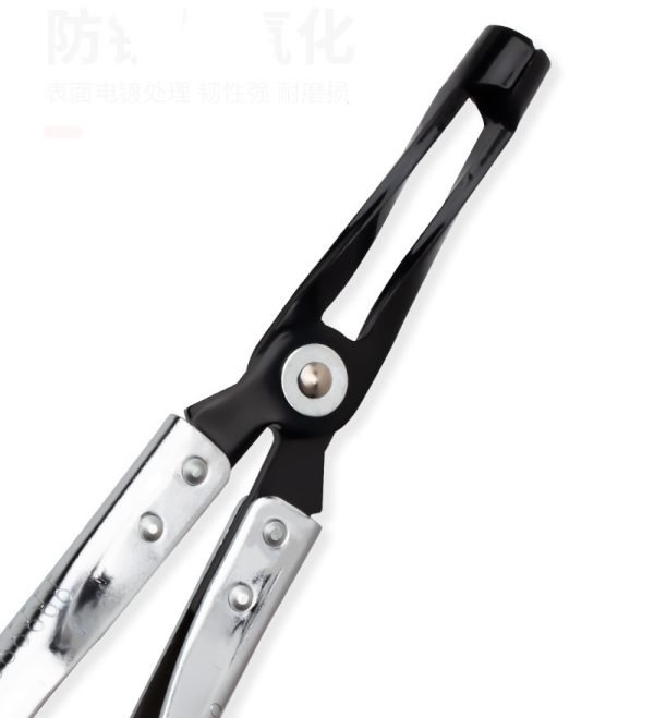Open red case displaying an 11-piece valve stem seal tool kit with black pliers and chrome adapters organized by size.