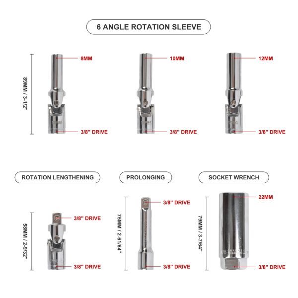 Full layout of the 11-piece chrome vanadium socket set, including flex-head universal joints, deep spark plug sockets, extension bars, and a spark plug extractor tool on a white background.