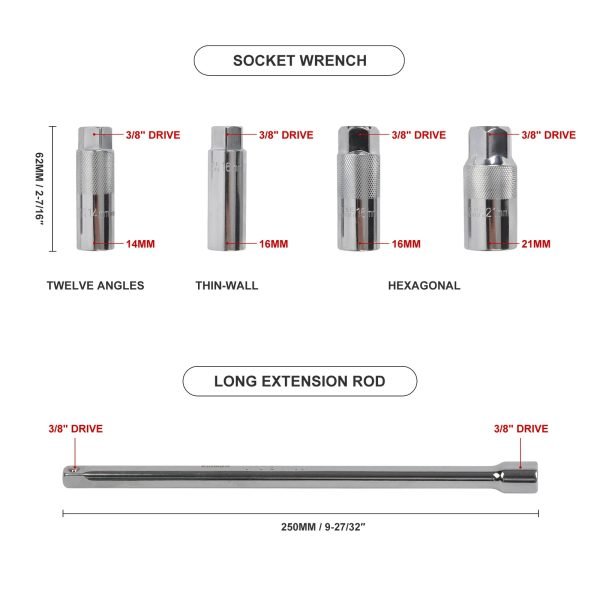 Full layout of the 11-piece chrome vanadium socket set, including flex-head universal joints, deep spark plug sockets, extension bars, and a spark plug extractor tool on a white background.