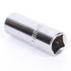 A single 16mm chrome spark plug socket with a 1/2" drive base, displayed against a white background, showcasing its heavy build and mirror polish.