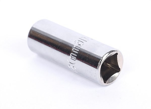 A single 16mm chrome spark plug socket with a 1/2" drive base, displayed against a white background, showcasing its heavy build and mirror polish.