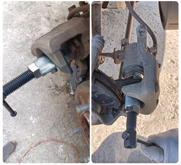High-angle studio shot of the complete 5-piece industrial grade brake caliper wind-back tool set against a clean background.