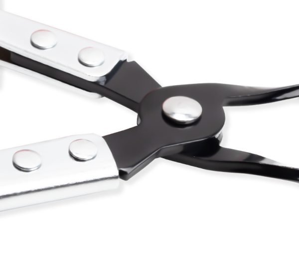 Open red case displaying an 11-piece valve stem seal tool kit with black pliers and chrome adapters organized by size.